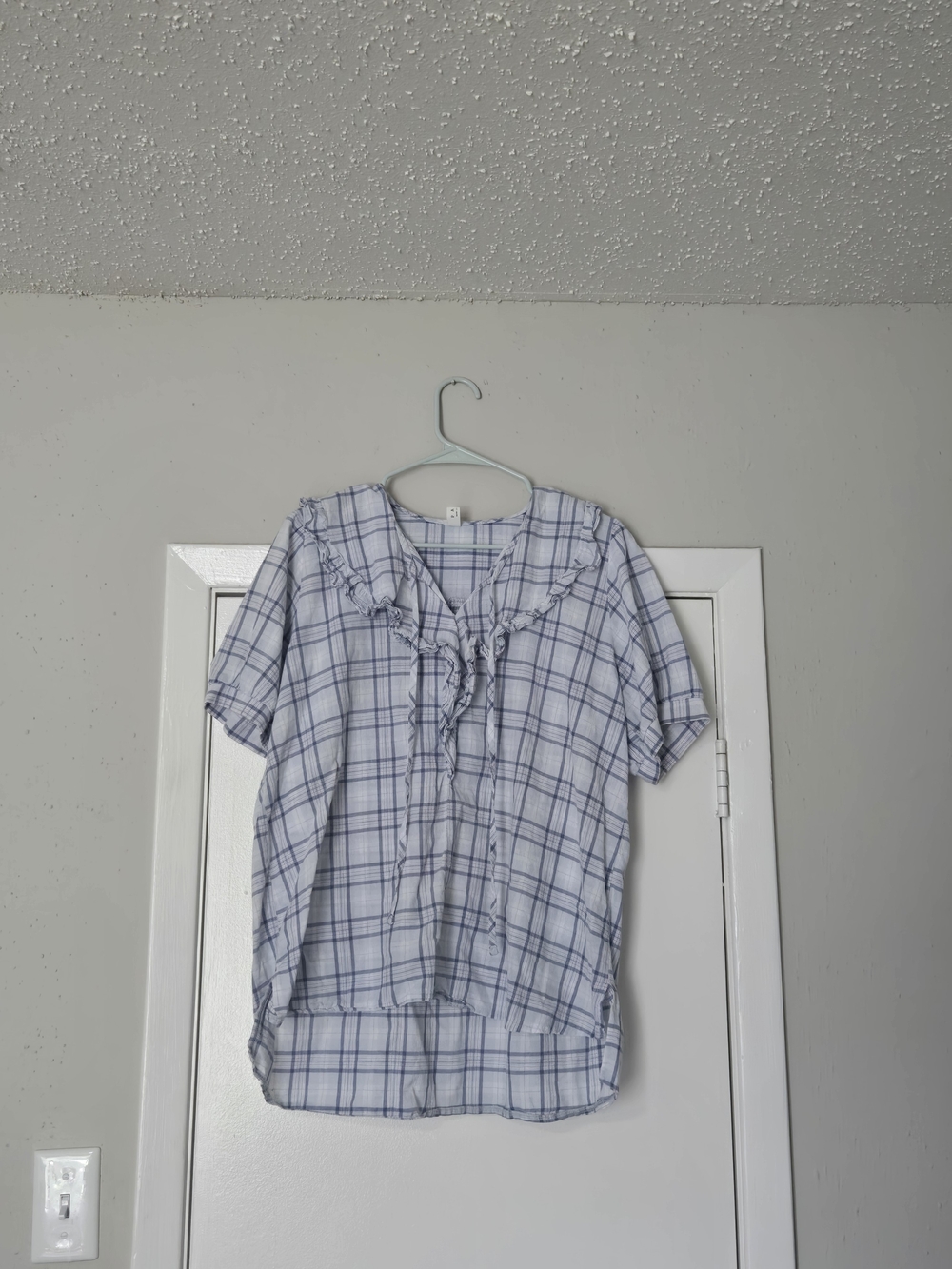 Light Blue & White Plaid Ruffle Front Blouse